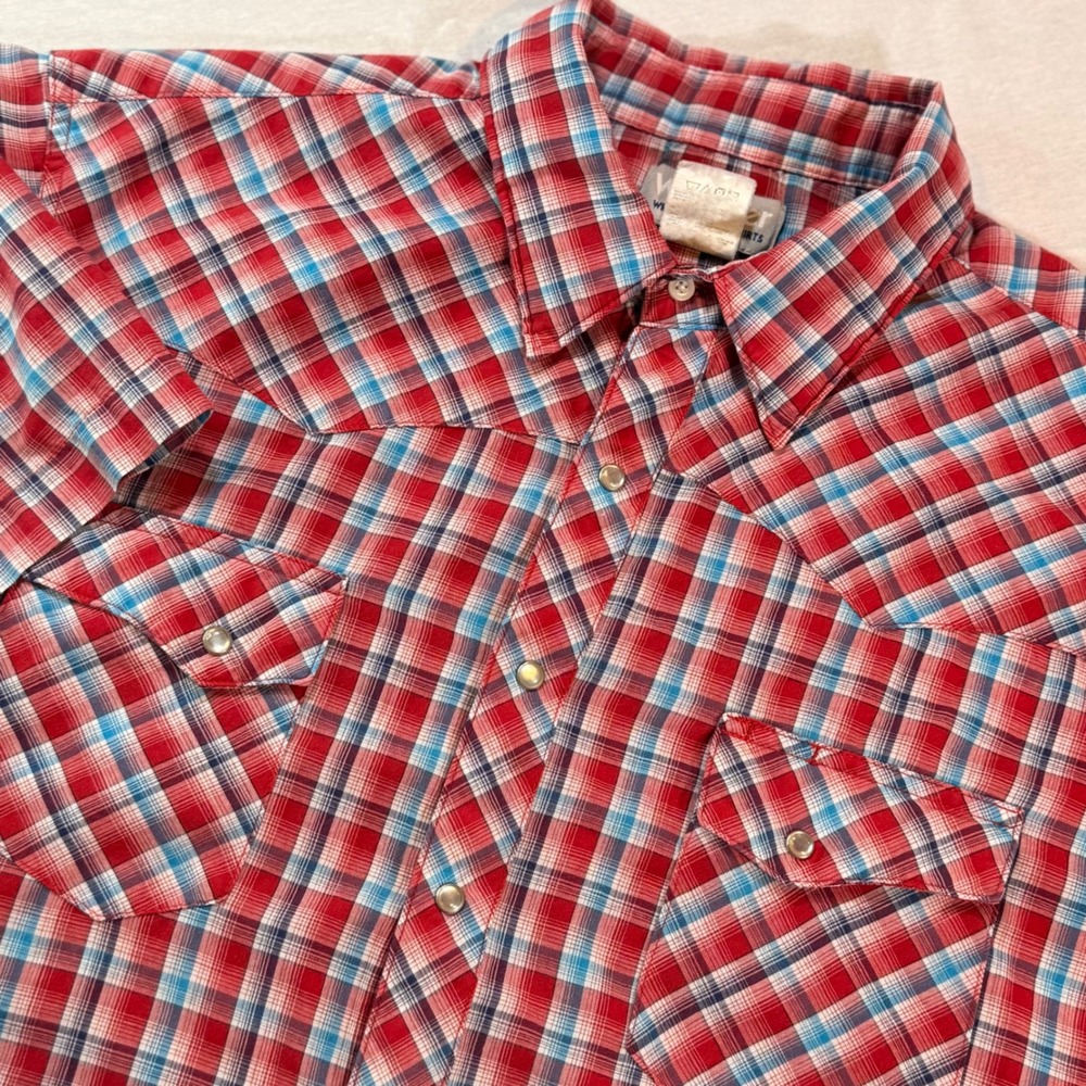 Wrangler Pearl Snap Wrancher‎ Western Shirt Mens XL Red Plaid Short Sleeve Rodeo